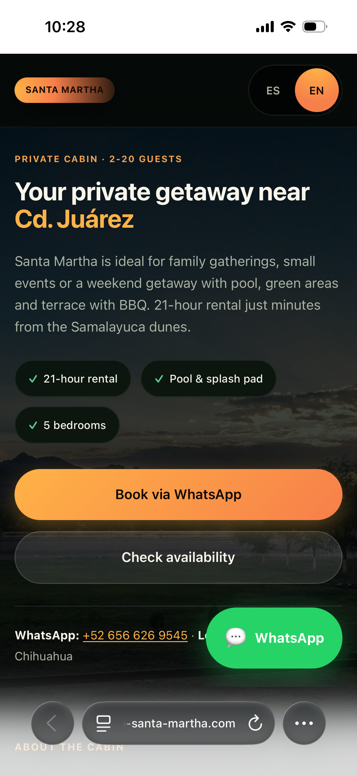 Cabaña Santa Martha — hero with WhatsApp booking on phone
