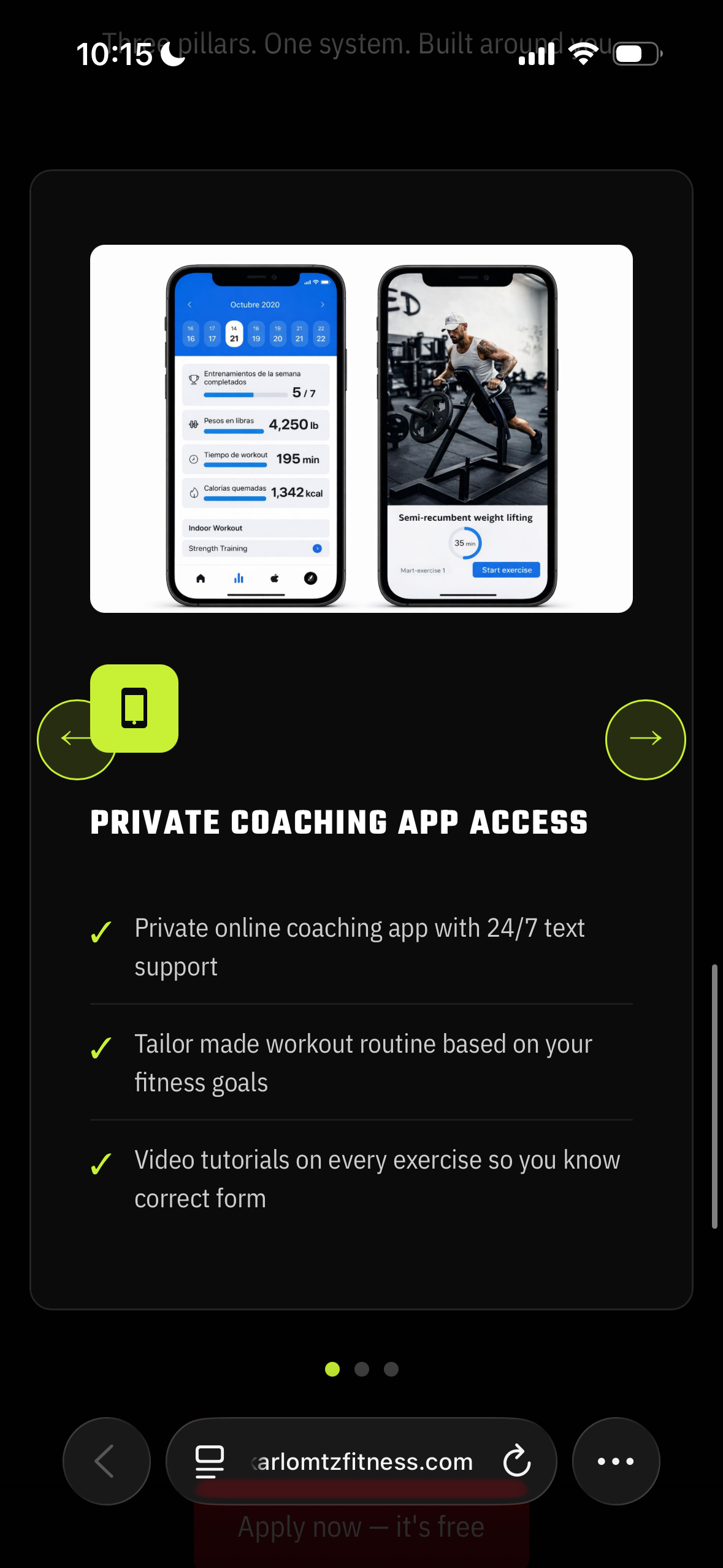 Karlomtzfitness — coaching card on phone
